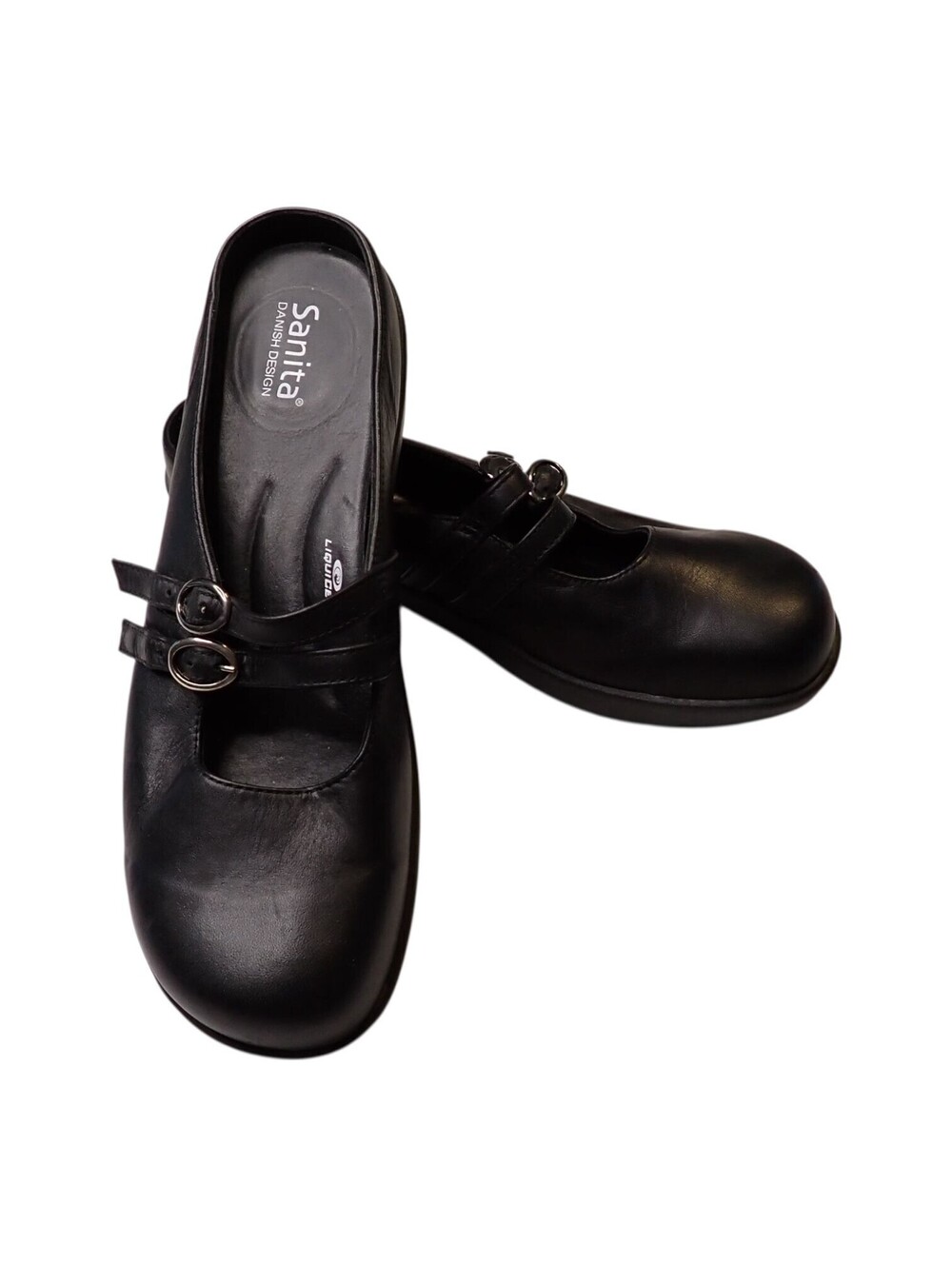 Sanita Clogs 42 11 Black Leather Mary Jane Slip On Low Wedge LiquiCell Comfort